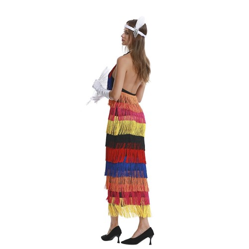  Rainbow fringed long latin dance dress for women girls salsa 1920s retro evening party jazz dance flapper dresses ladies halter neck sexy backless Latin stage costumes